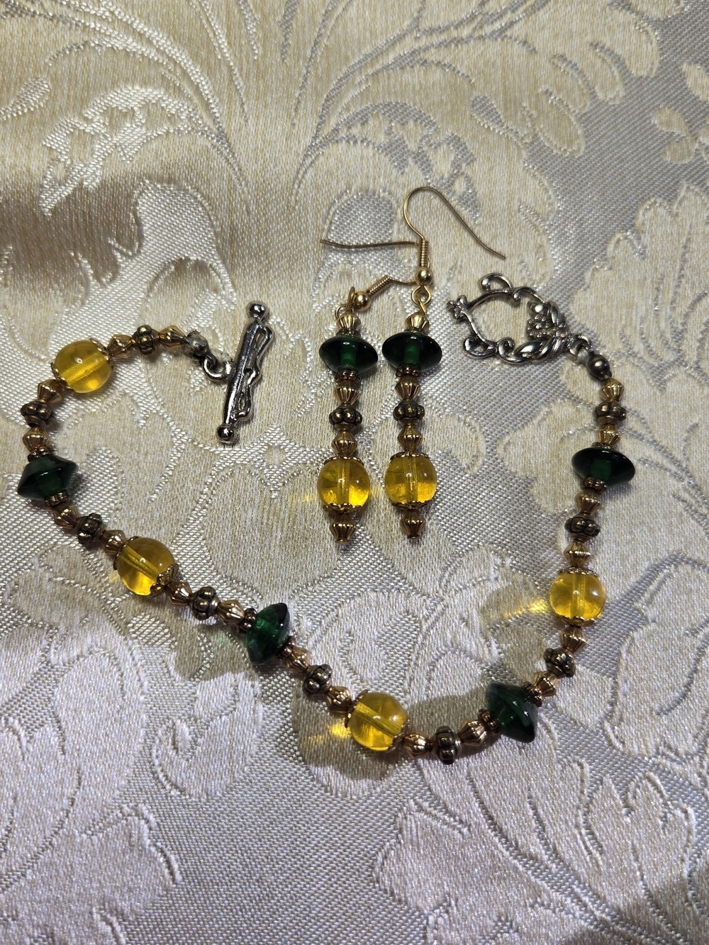 Yellow and Green Beaded Bracelet with Matching Earrings